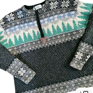 Vintage Shetland Wool Novelty Fair Isle Sweater 1/4 Zip Nordic